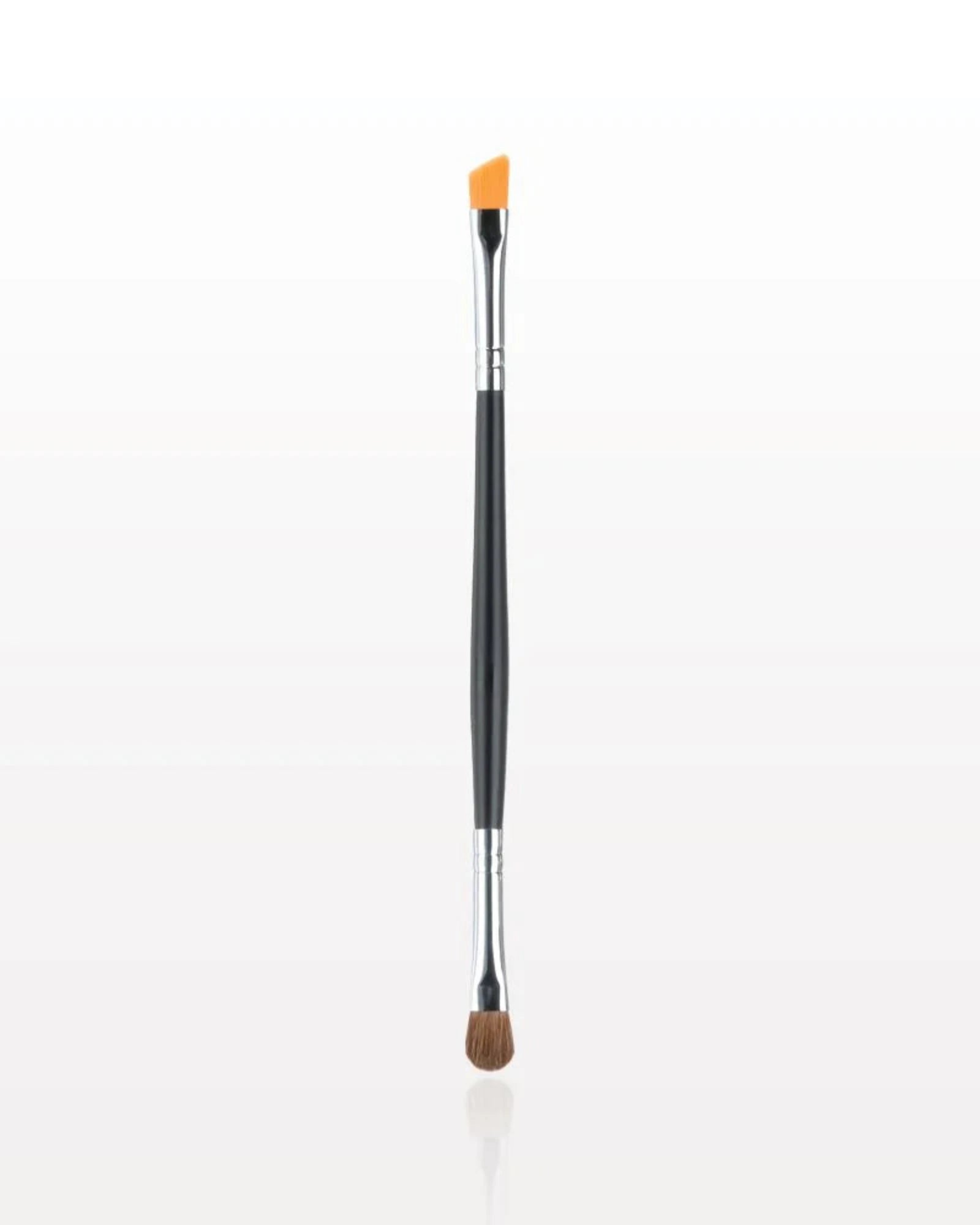 Makeup brush with black handle and orange and brown bristle head on a white background