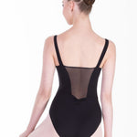 Person wearing a black leotard with mesh back on a white background
