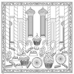 Black and white line art illustration of an ornate candy-themed interior scene with cupcakes, lollipops, candy canes, donuts, and decorative architectural columns, framed by an intricate border.