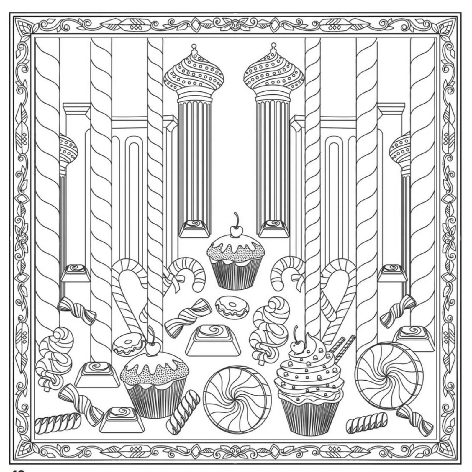 Black and white line art illustration of an ornate candy-themed interior scene with cupcakes, lollipops, candy canes, donuts, and decorative architectural columns, framed by an intricate border.