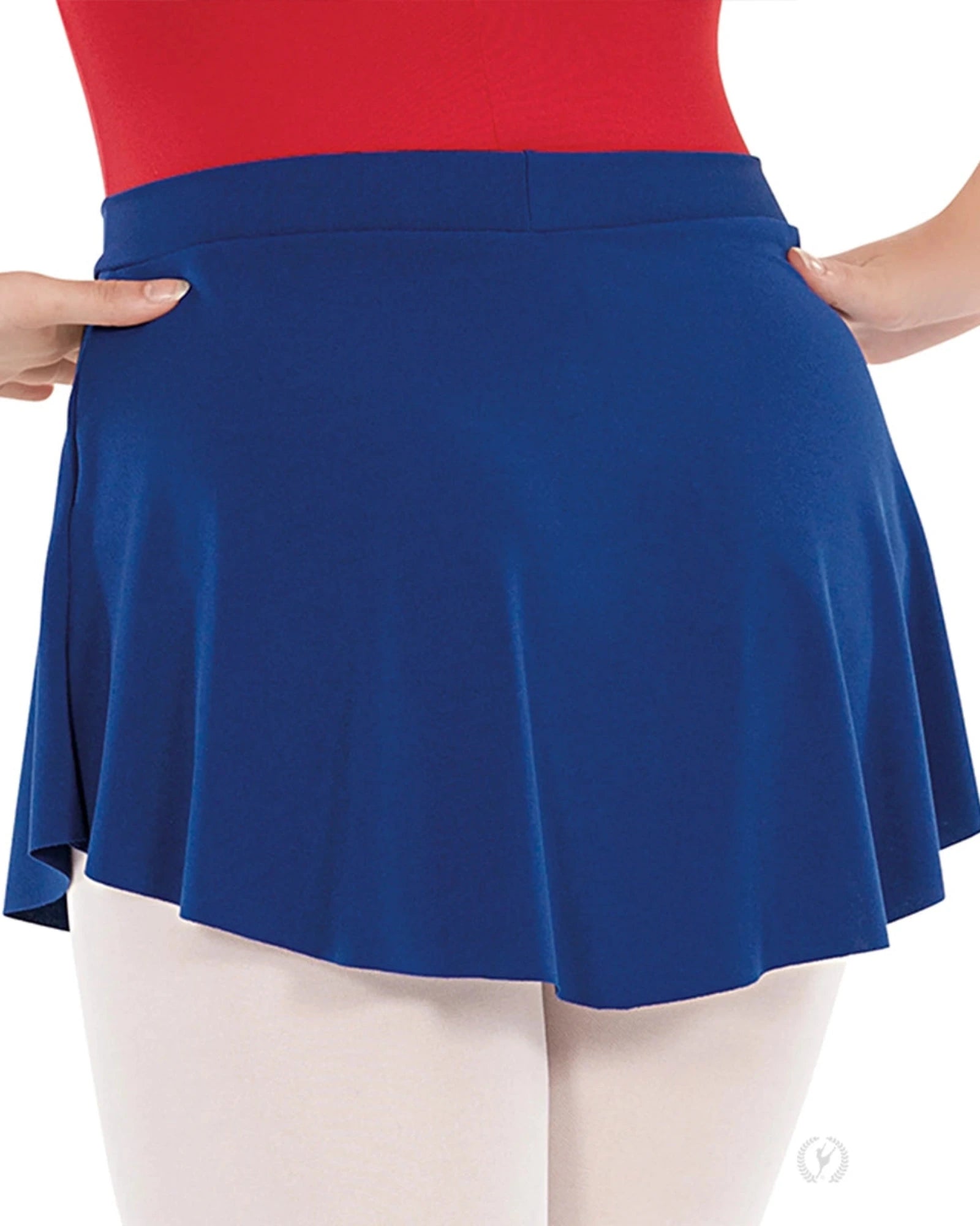 Blue skirt worn by a person on a white background