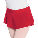 Red skirt worn over a white leotard on a white background