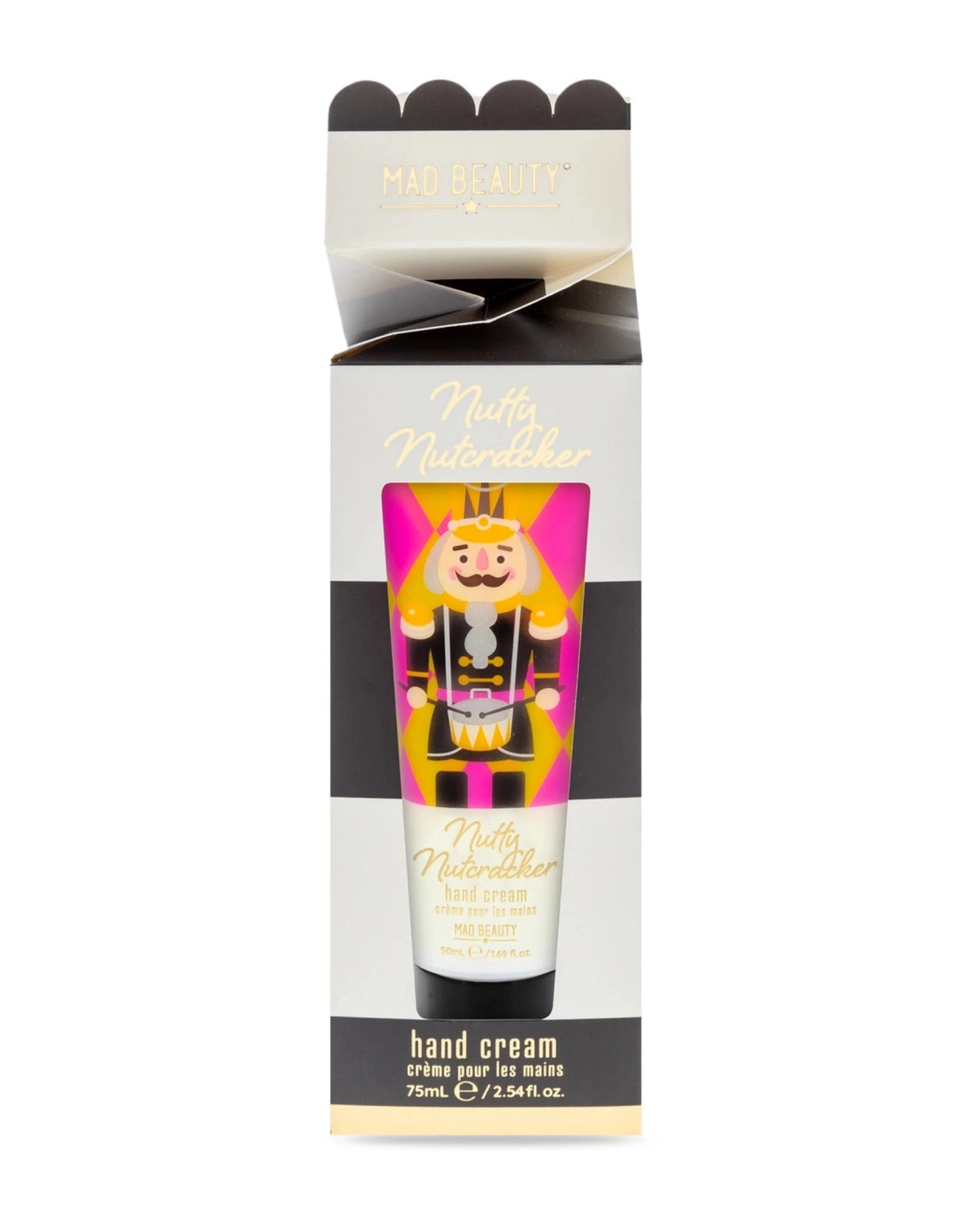 Mad Beauty Nutty Nutcracker hand cream in its original packaging, featuring a white box with black stripes and a colorful illustration of a nutcracker.