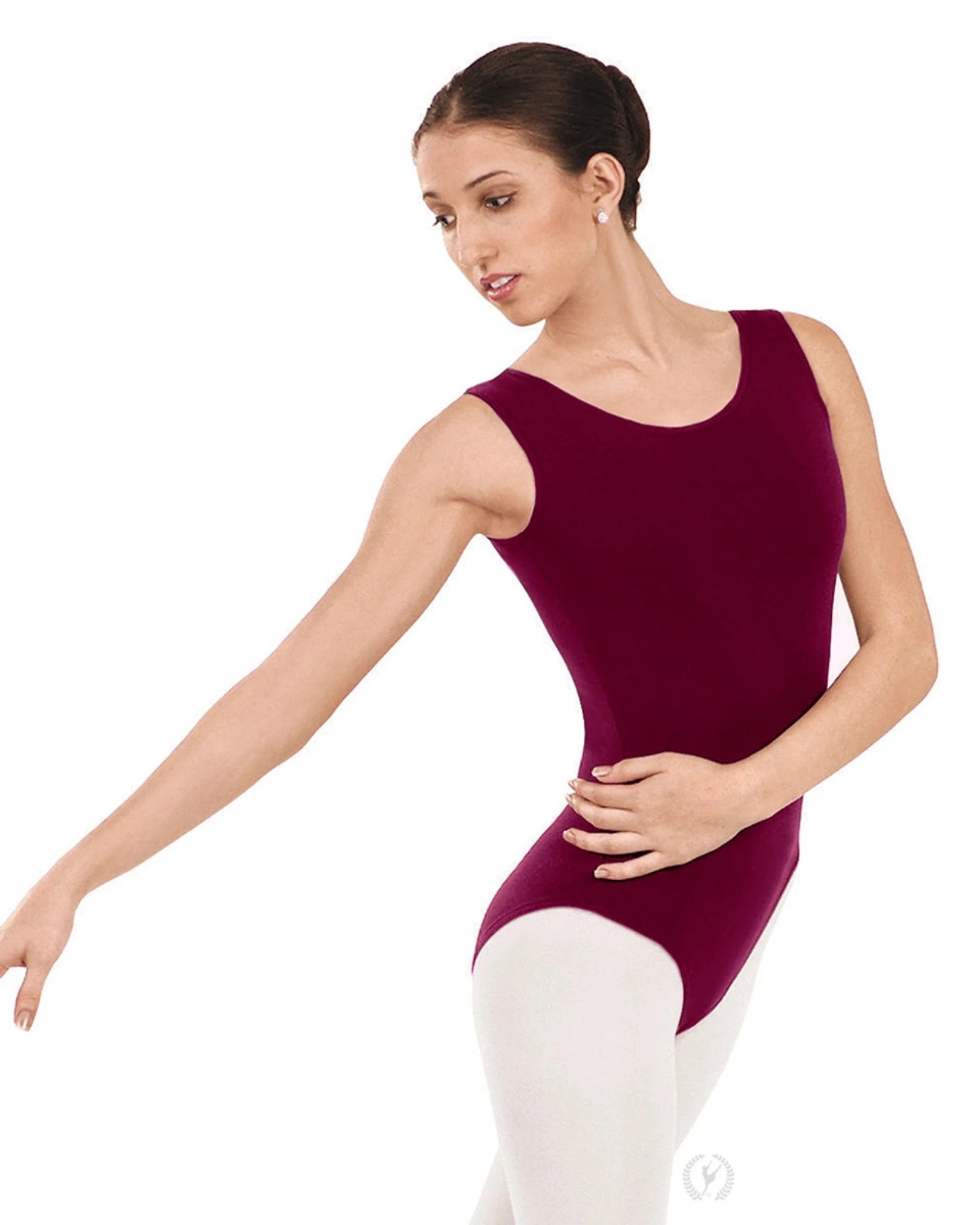 Ballerina in a burgundy leotard and pink tights on a white background