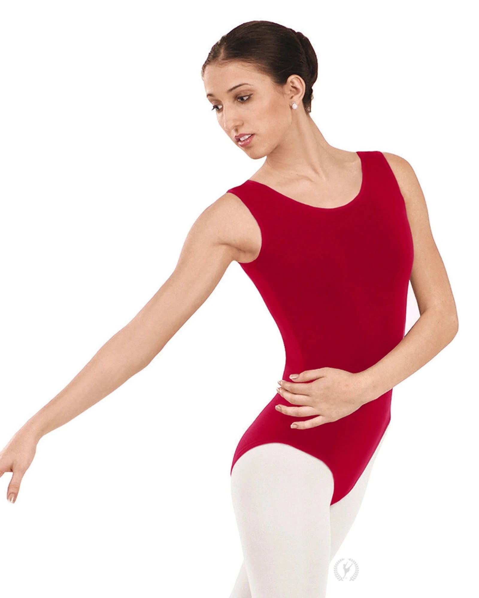 Woman wearing a red leotard and white tights on a white background