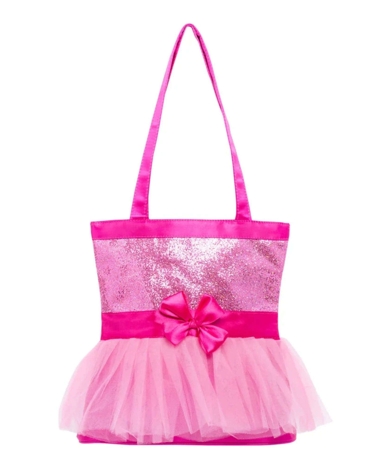 A bright pink tote bag styled like a tutu dress, featuring a glittery pink bodice, a pink satin waistband with a bow, and a layered pink tulle skirt, shown on a plain white background.