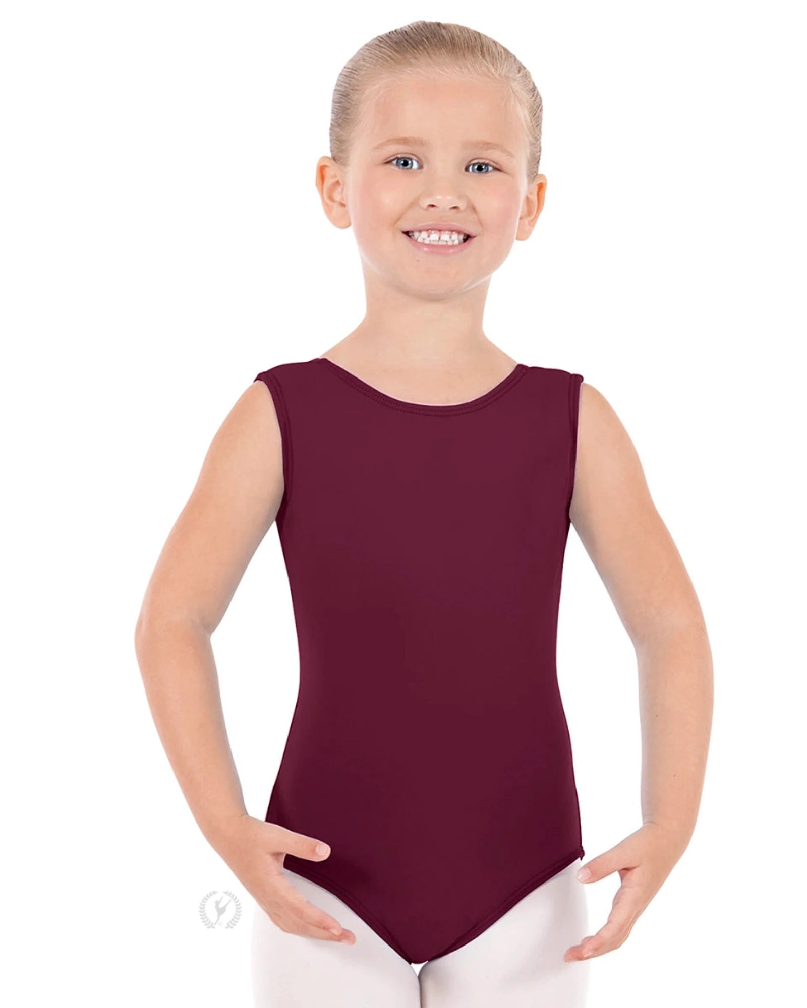 Young girl wearing a maroon leotard on a white background