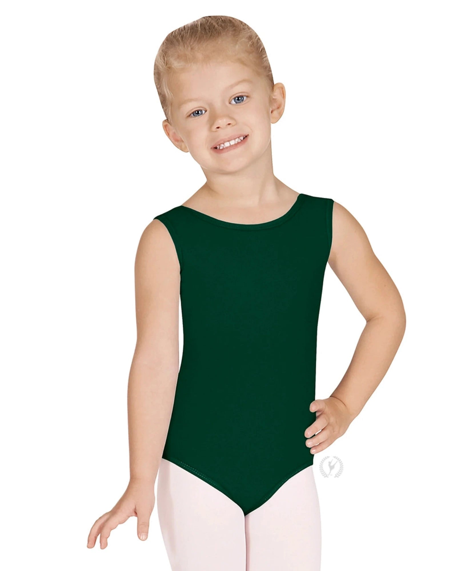 Child wearing a green sleeveless leotard on a white background