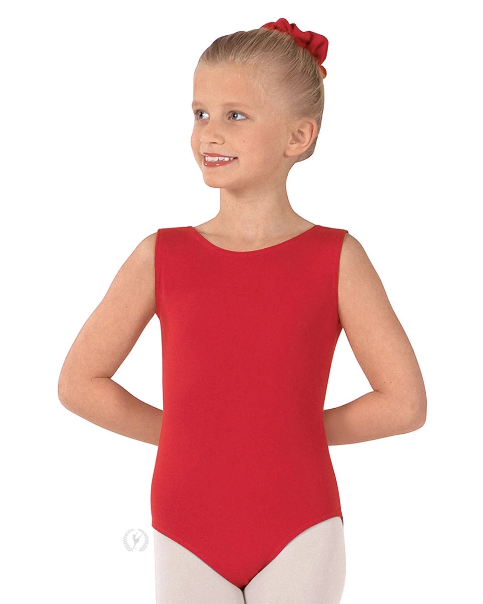 Young girl wearing a red sleeveless top and white pants on a white background