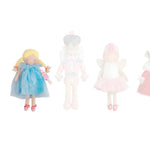Four small plush dolls or figurines standing side by side on a plain white background. From left to right: a blonde doll in a blue dress holding a pink flower, a pale angel-like doll with a gray crown and wings, a pink fairy doll with white wings and a pink bow.