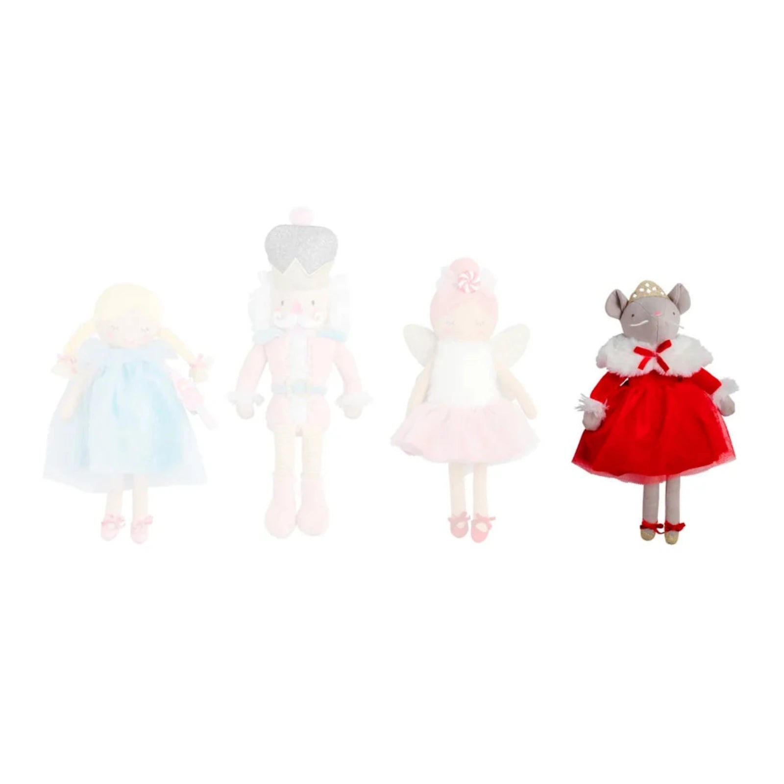 Four plush toy figurines standing side by side on a plain white background: a blonde doll in a light blue dress, a pale pink angel-like doll with a crown, a white fairy doll in a pink skirt, and a gray mouse doll in a red dress with a red bow and gold tiara.