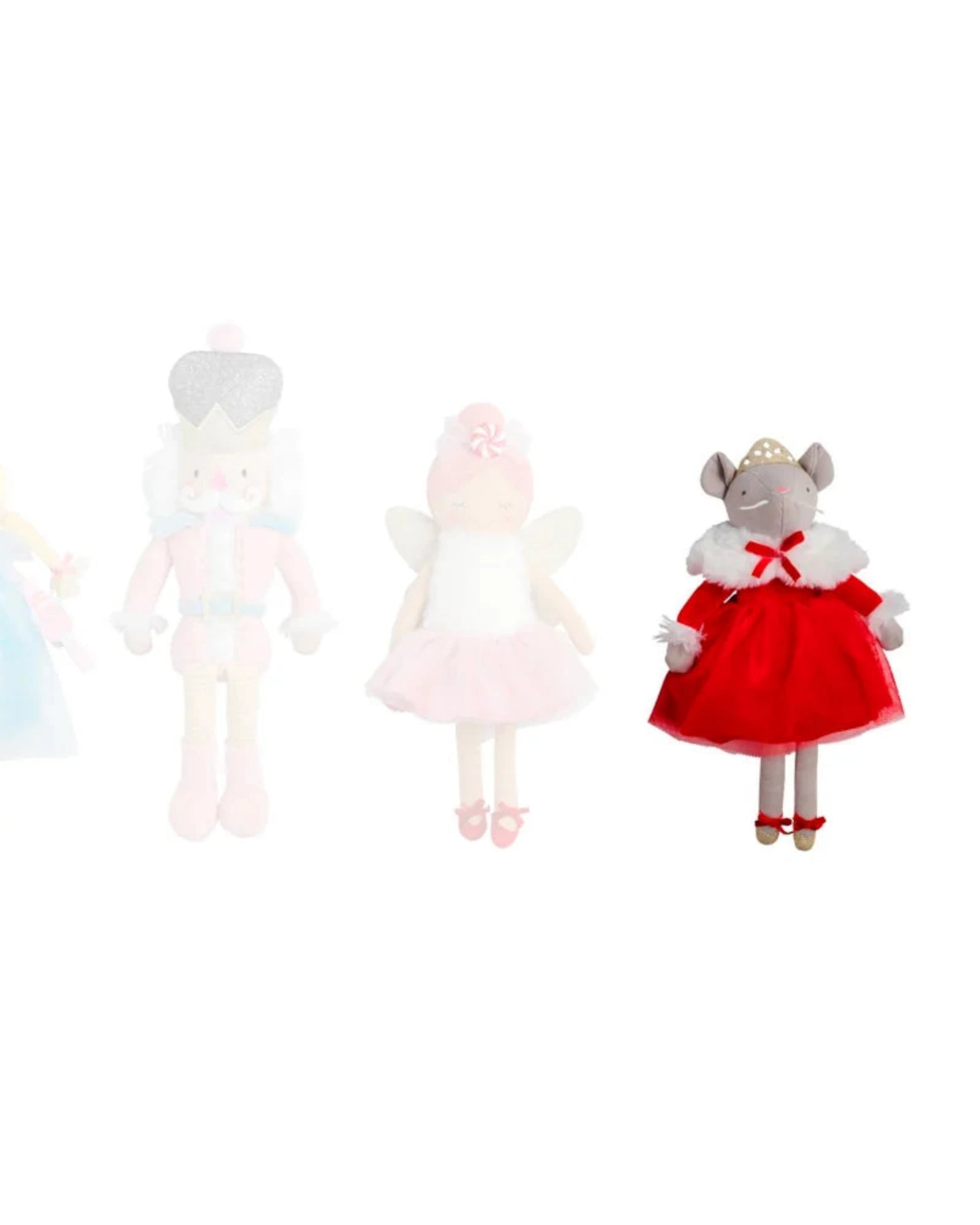 Set of four plush toys on a white background