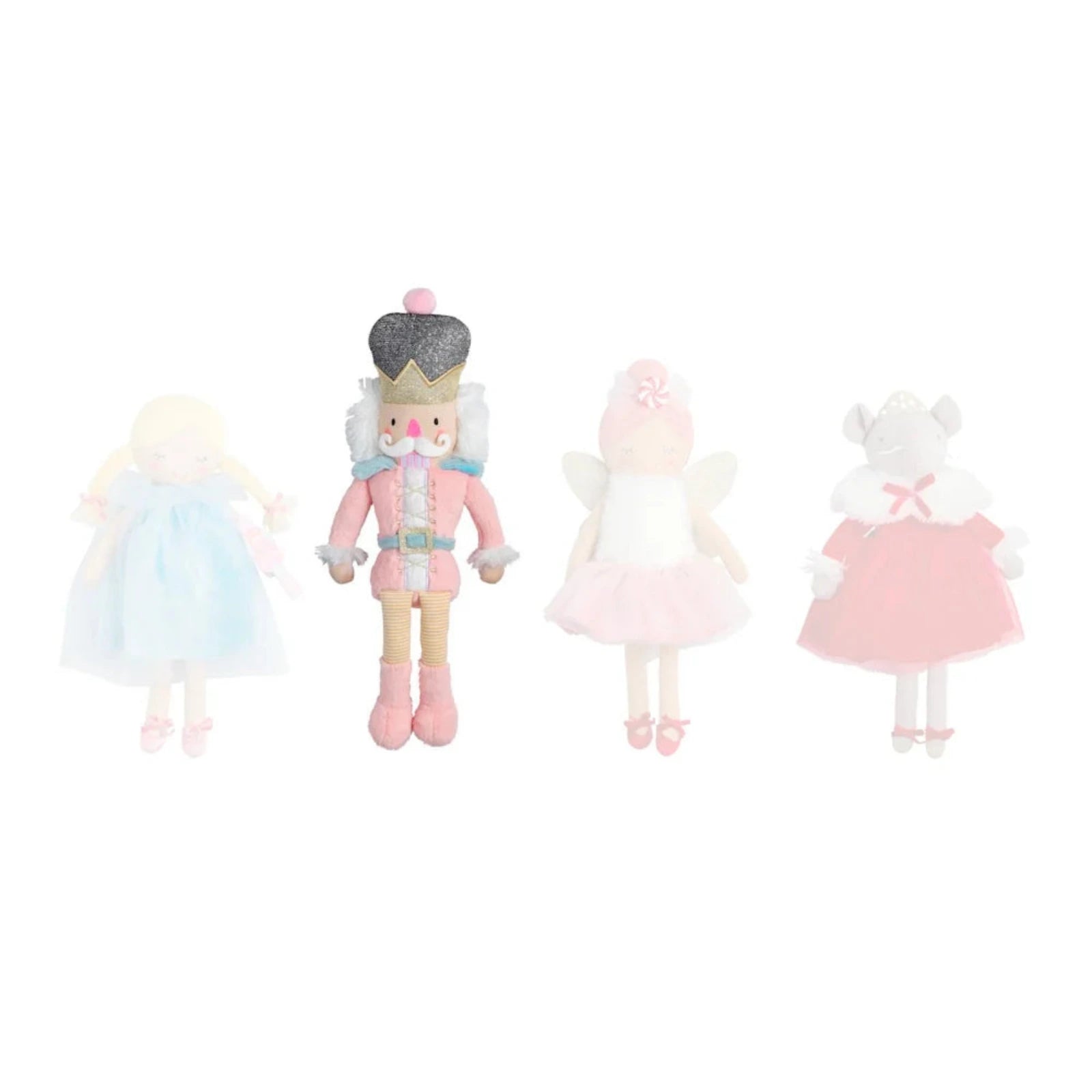 Four plush doll figures in pastel colors arranged side by side on a plain white background: a blonde doll in a light blue dress, a nutcracker-style doll in pink and gray, a fairy-like doll in pink and white, and a white doll in a pink dress.