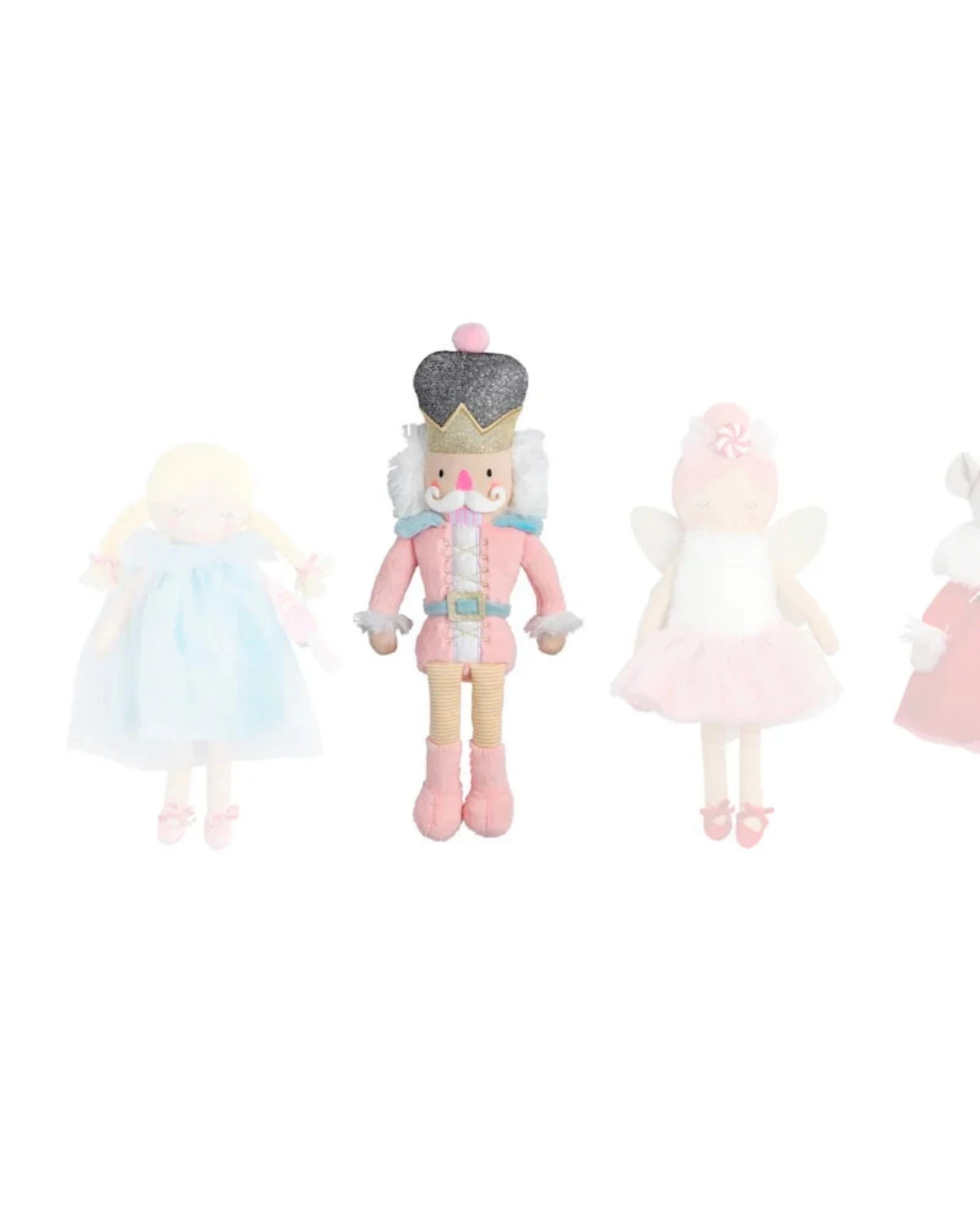 Set of four toy figurines in pastel colors on a white background