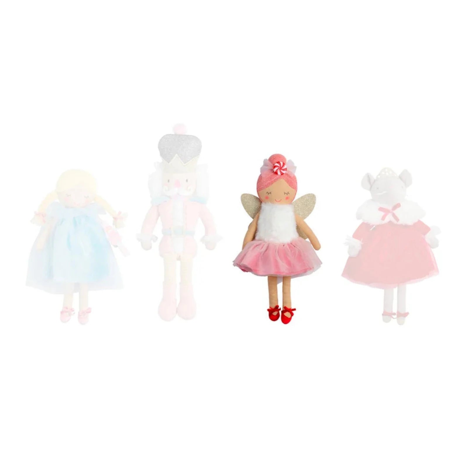 Four soft plush dolls with oversized heads and simple dresses in pastel colors, arranged side by side on a plain white background.