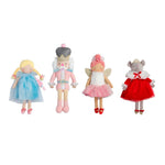 Four toy figurines in colorful outfits on a white background
