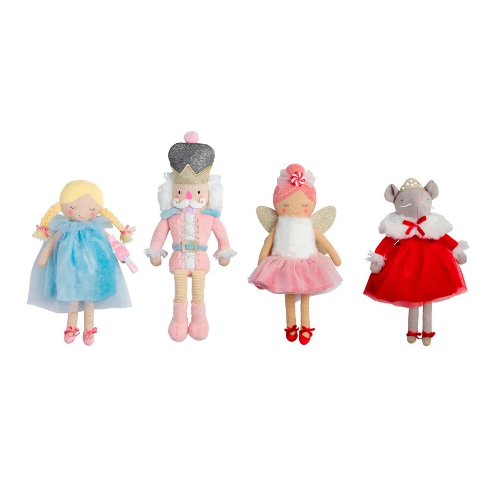 Four toy figurines in colorful outfits on a white background