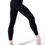 Black ribbed high-waisted dance tights worn by a model in pointe shoes, shown from a side-rear angle against a white studio background.