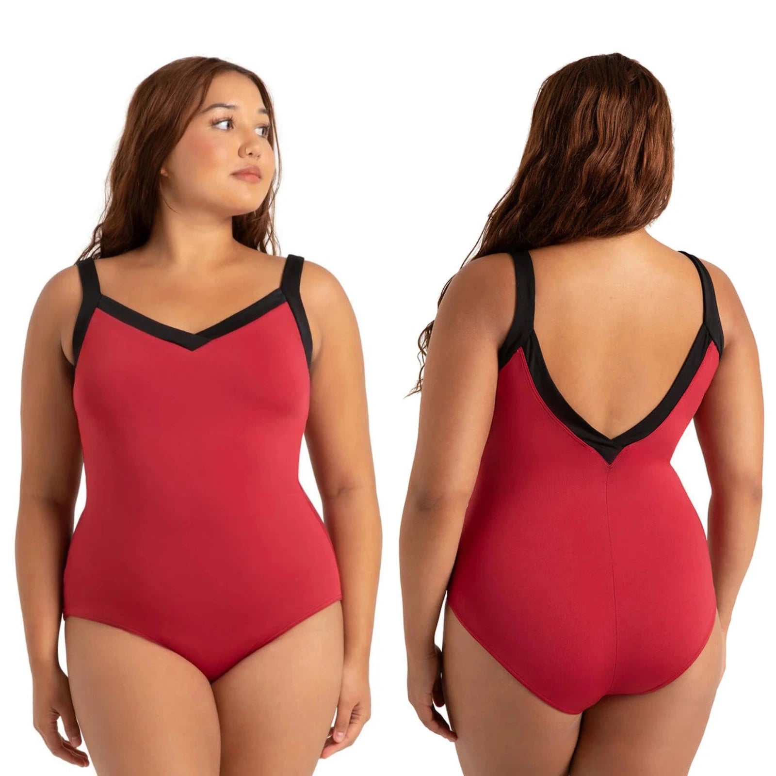 A plus-size model shown from the front and back wearing a red one-piece leotard with black trim and a V-neckline.