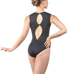 A woman modeling a black sleeveless leotard from the back, showing a double cutout design, against a solid white background.