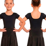 A young girl modeling a black short-sleeve dance dress from the front and back against a plain white background.