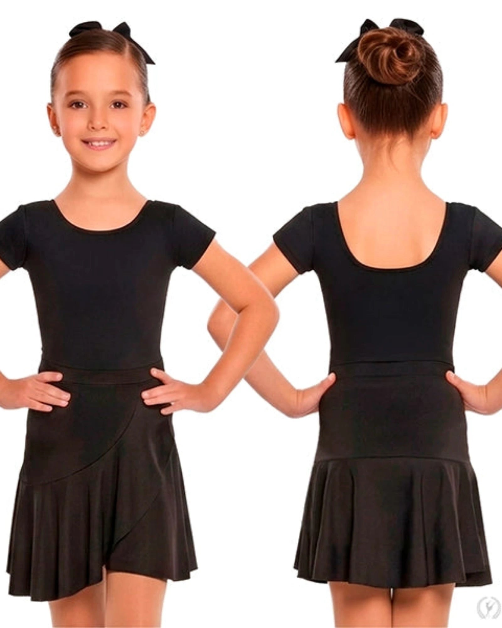 A young girl modeling a black short-sleeve dance dress from the front and back against a plain white background.