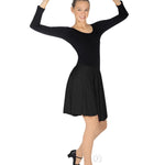 Woman wearing a black skirt with a long sleeve black leotard on a white background