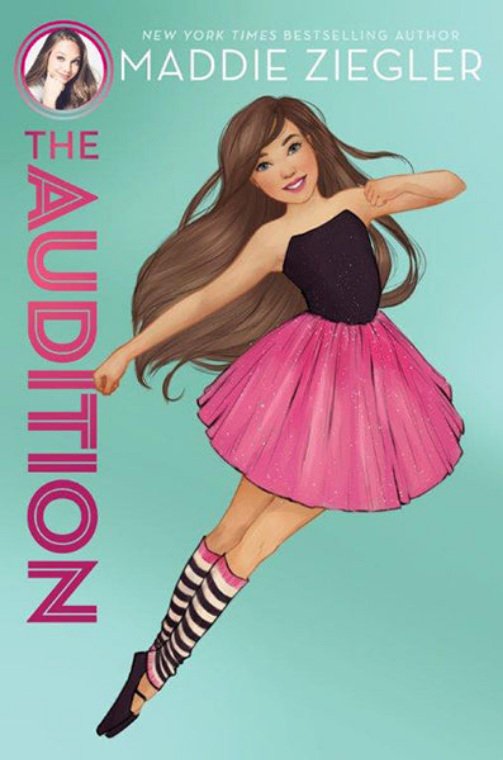Book cover of 'The Audition' by Maddie Ziegler with a girl in a black top and pink skirt on a light blue background.