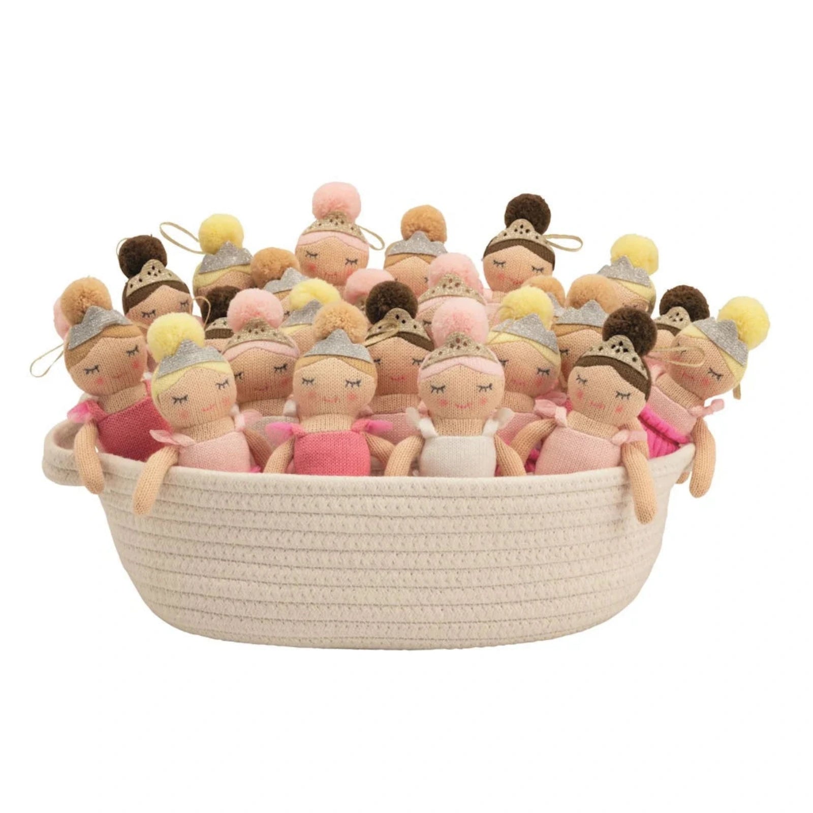 A collection of small plush ballerina dolls with pink and yellow dresses, sitting inside a cream-colored woven basket on a white background.