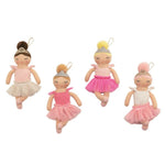 Four small ballerina doll ornaments or plush charms in different pink and white outfits, arranged on a plain white background.