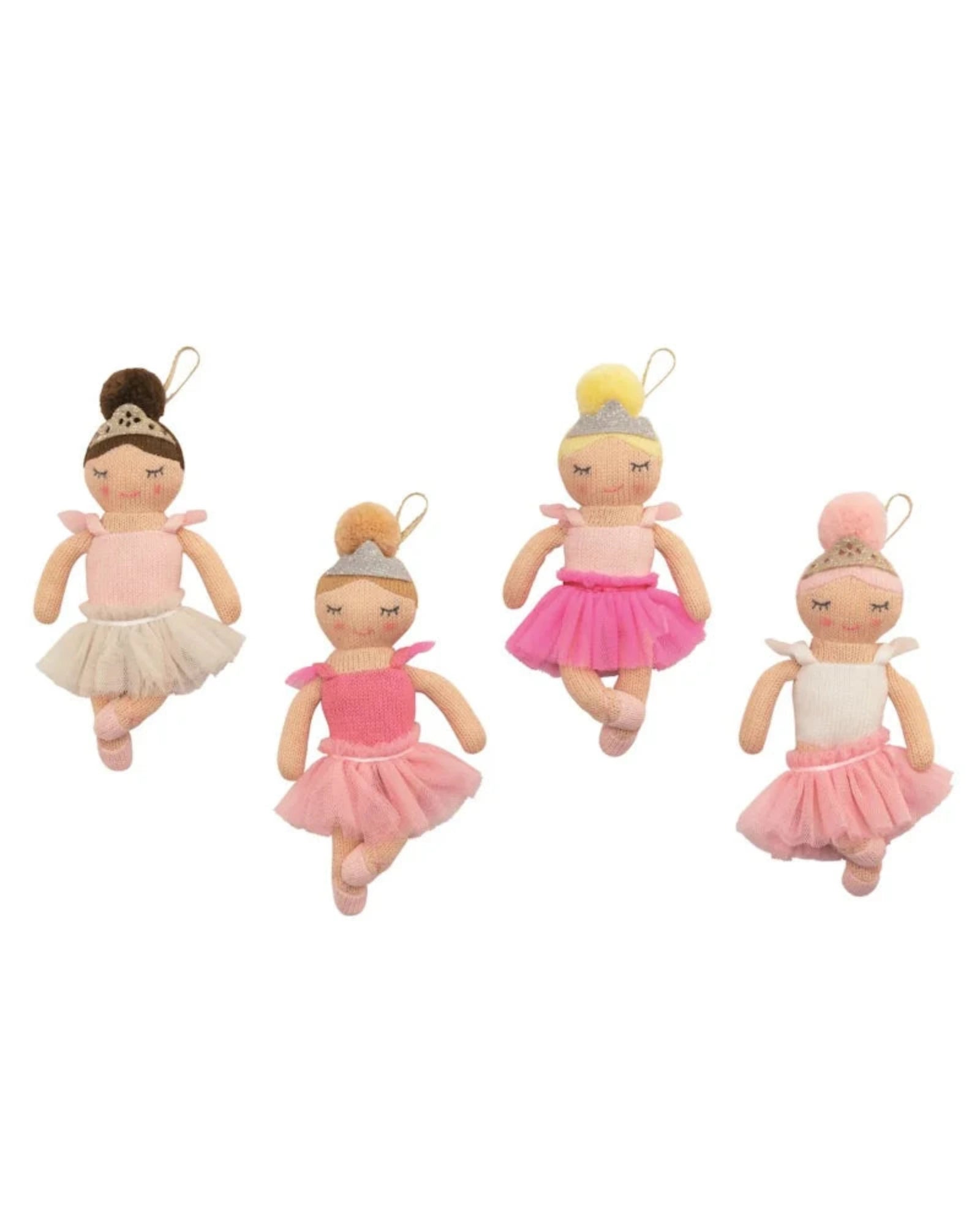 Four small ballerina doll ornaments or plush charms in different pink and white outfits, arranged on a plain white background.