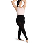 Person wearing a light pink tank top and black leggings on a white background