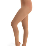Beige tights worn by a person on a white background