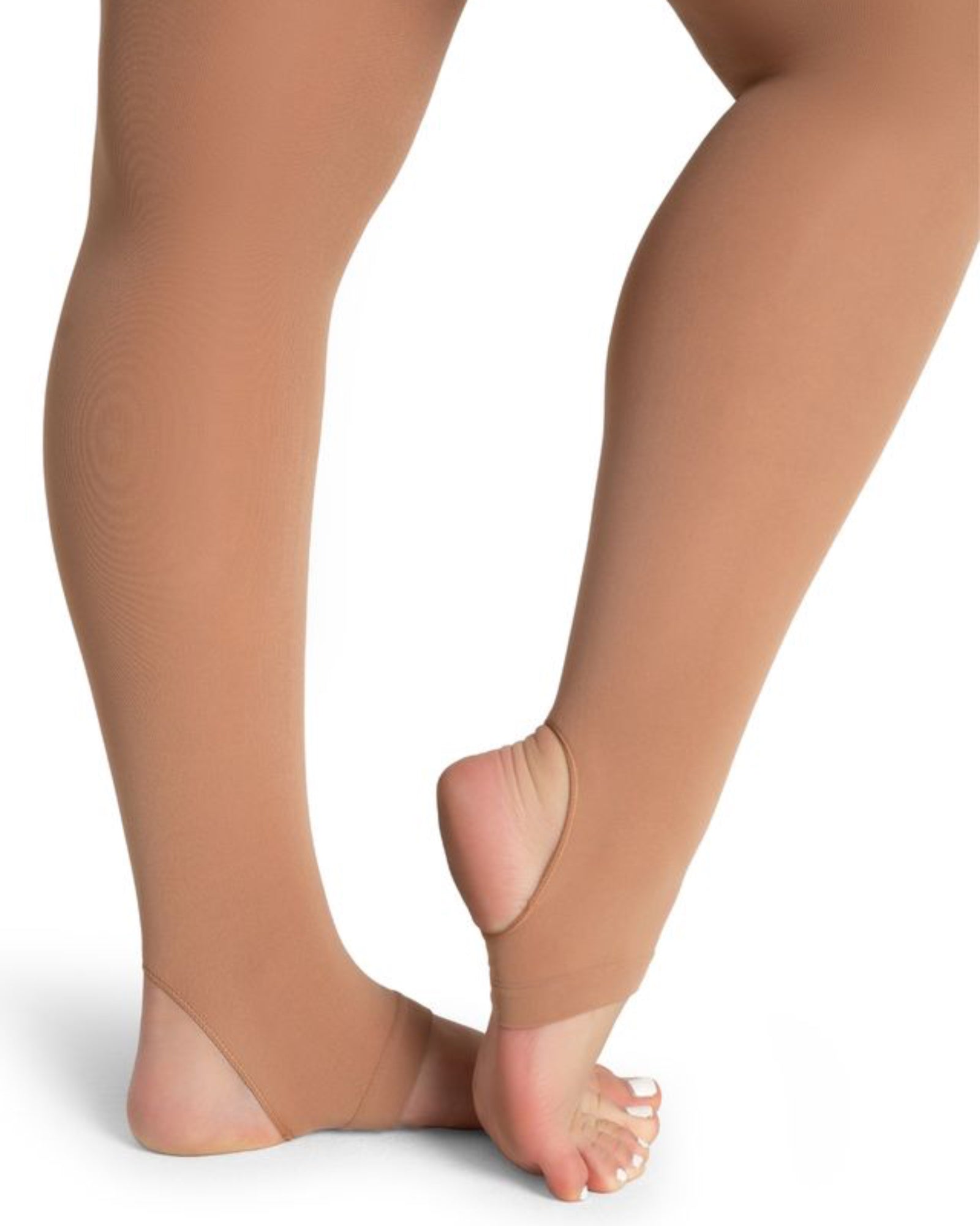Beige tights worn by a person on a white background
