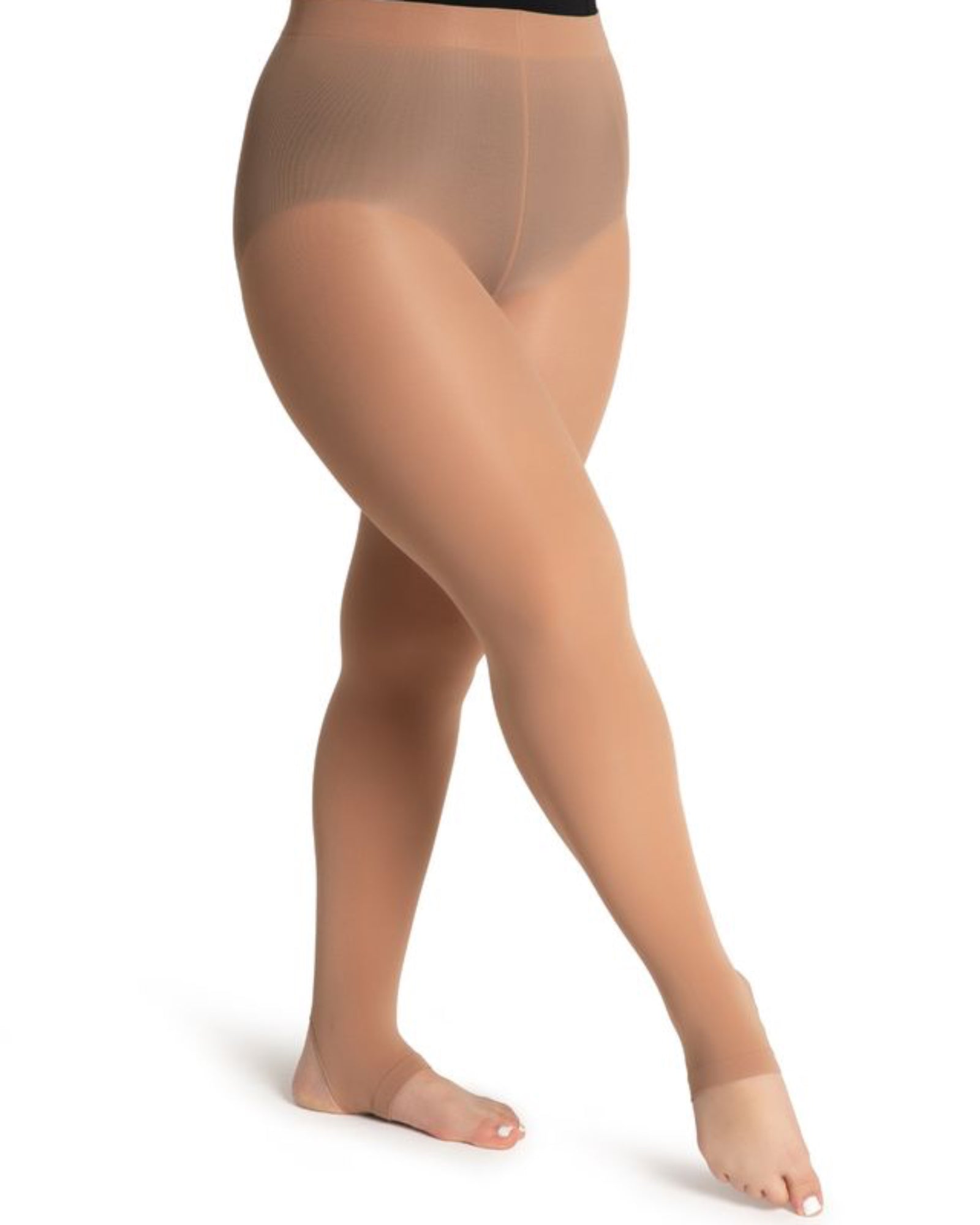 Beige sheer tights worn by a person on a white background