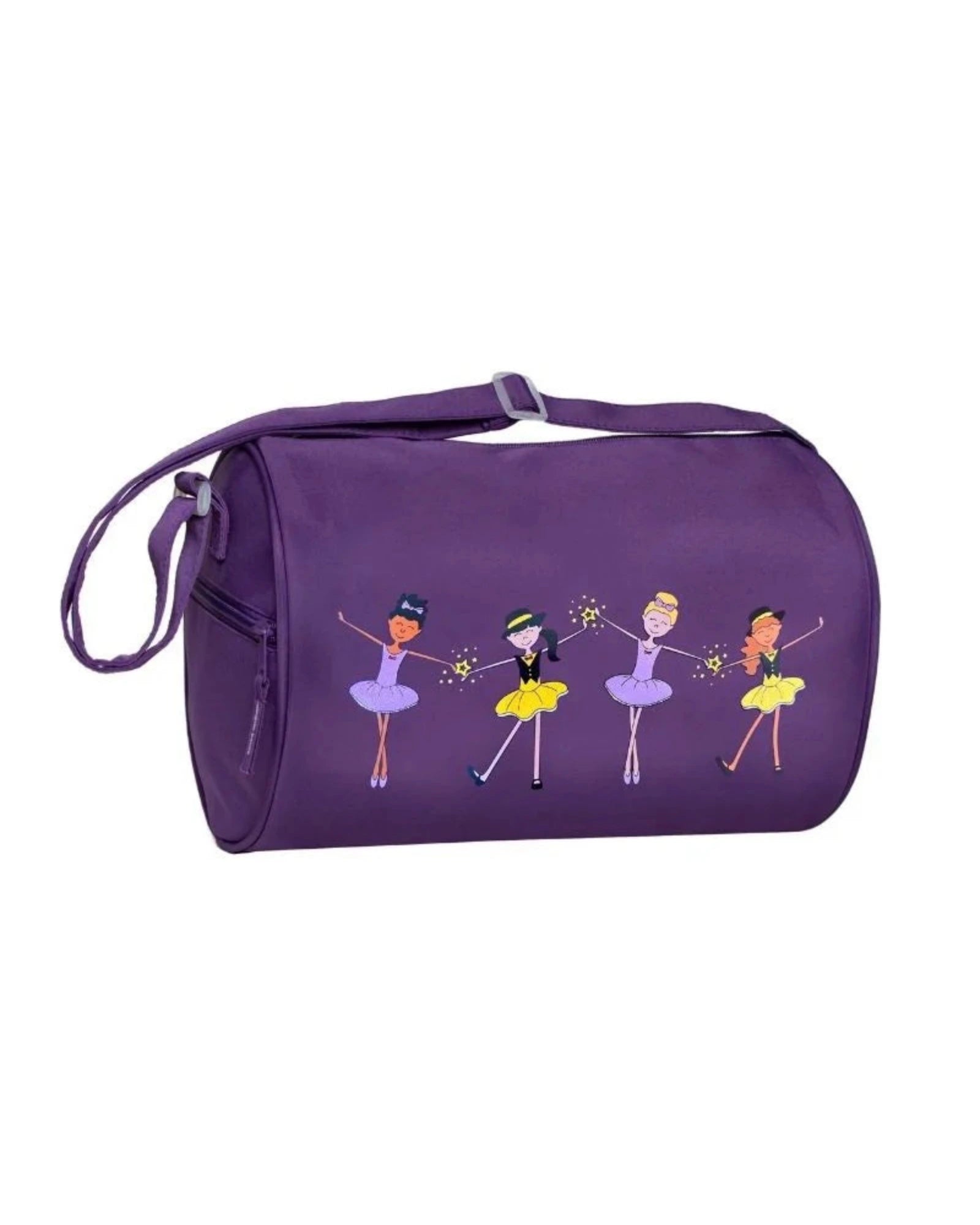 A purple cylindrical duffel bag with a shoulder strap, decorated with a cartoon illustration of four ballerinas in purple and yellow tutus holding sparkles.