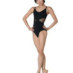 Woman wearing a black leotard on a white background