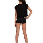 A child model shown from the back wearing a black short-sleeve crop top and black shorts against a plain white background.