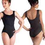 A model is shown from the front and back wearing a black sleeveless leotard against a plain white background.