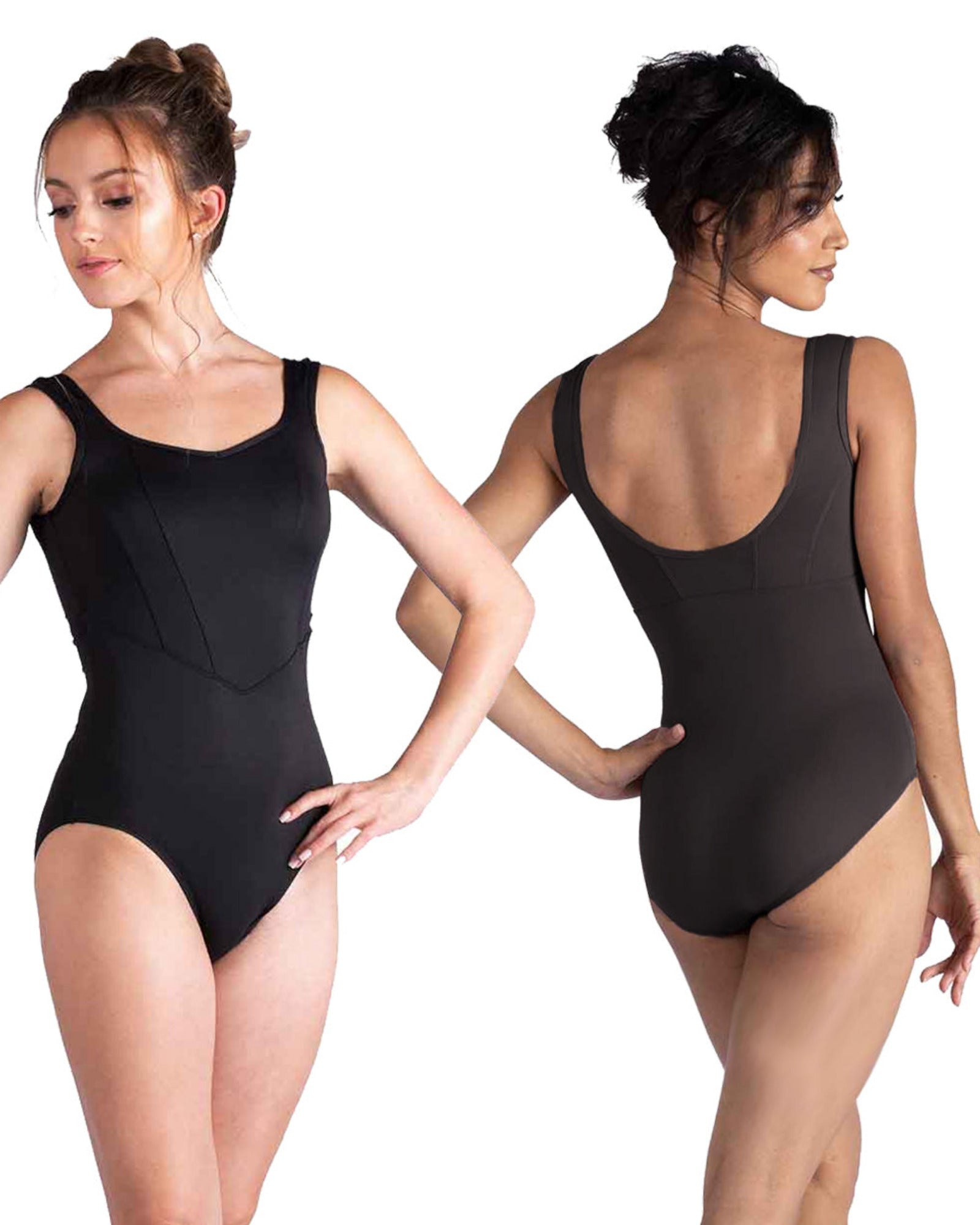 A model is shown from the front and back wearing a black sleeveless leotard against a plain white background.
