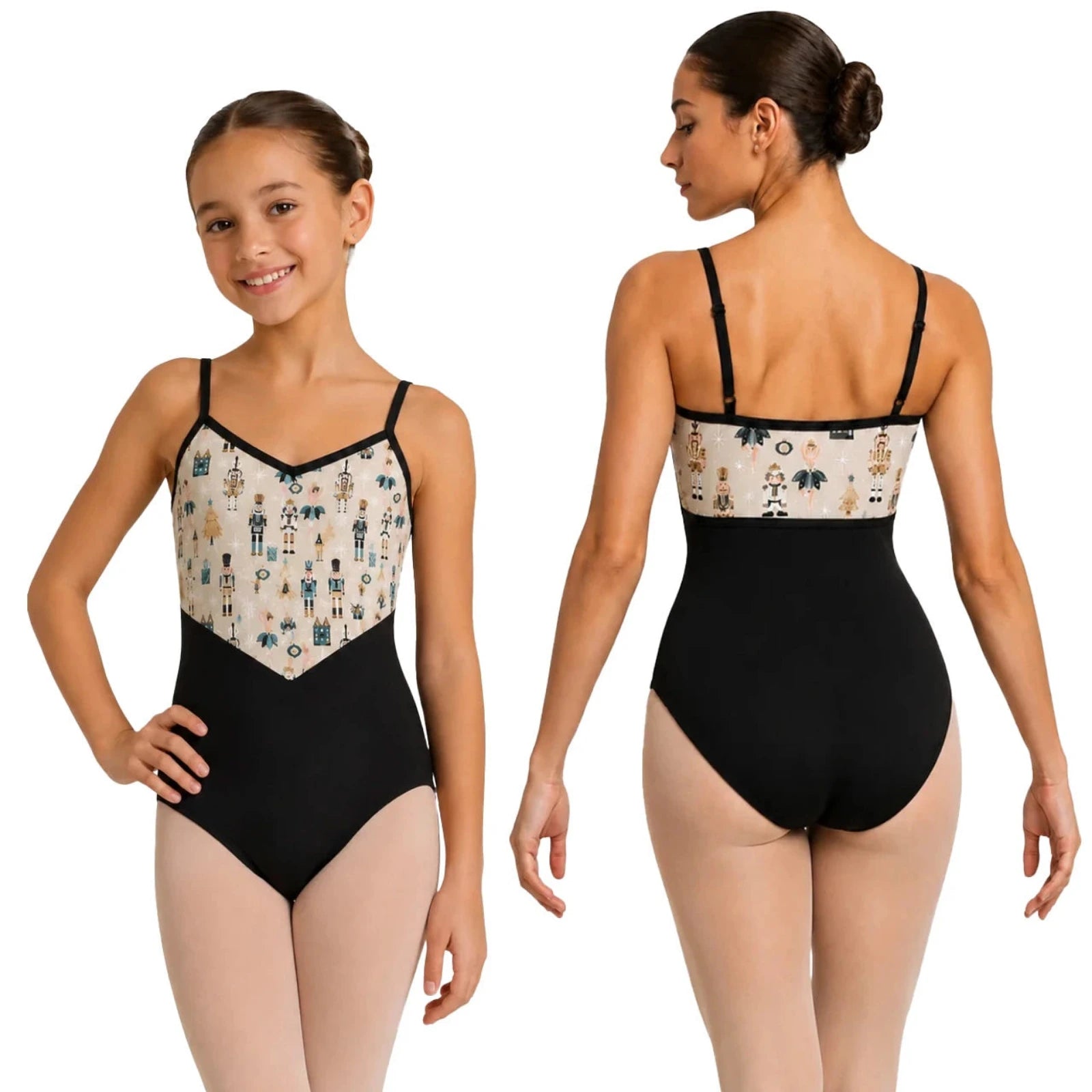 A young girl modeling a black leotard from the front and back against a plain white background. The leotard features a patterned bust panel with nutcracker illustrations on a light beige background and thin black shoulder straps.