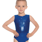 Young girl wearing a blue gymnastics leotard with star patterns on a white background