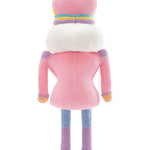 A plush toy doll shown from the back, wearing a pink knit outfit with a large white faux-fur collar, a pink hat with pastel stripes, lavender sleeves, blue legs, and purple boots, on a white background.