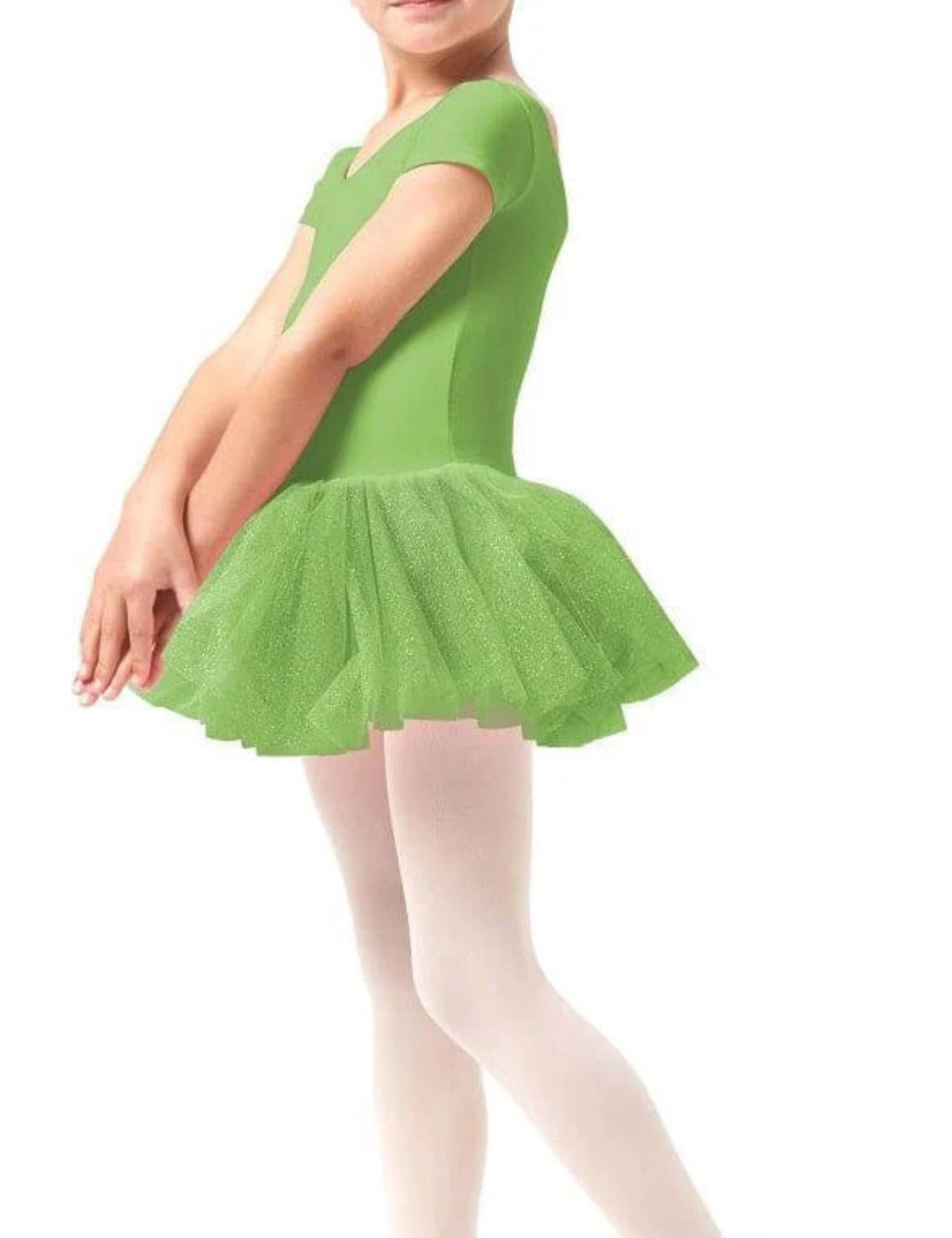 Young girl in a green ballet dress on a white background