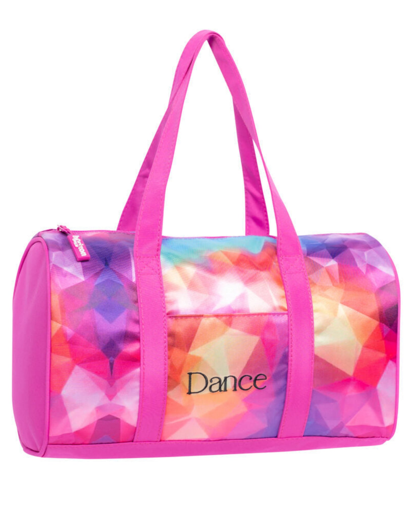 A pink and multicolor geometric patterned dance bag with bright pink handles and the word 'Dance' printed on the front, shown on a plain white background.