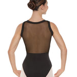Woman wearing a black leotard with sheer back panels on a white background