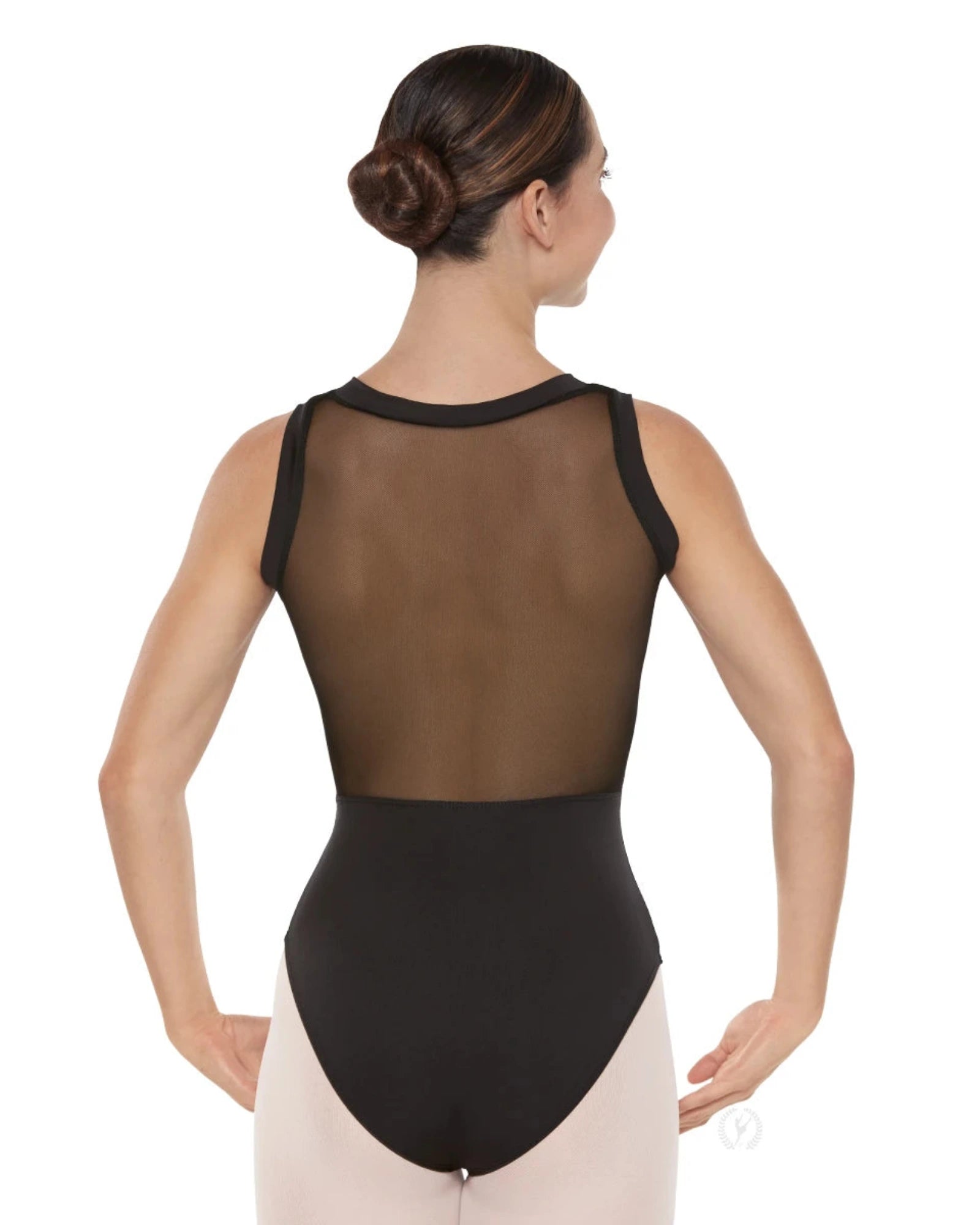 Woman wearing a black leotard with sheer back panels on a white background