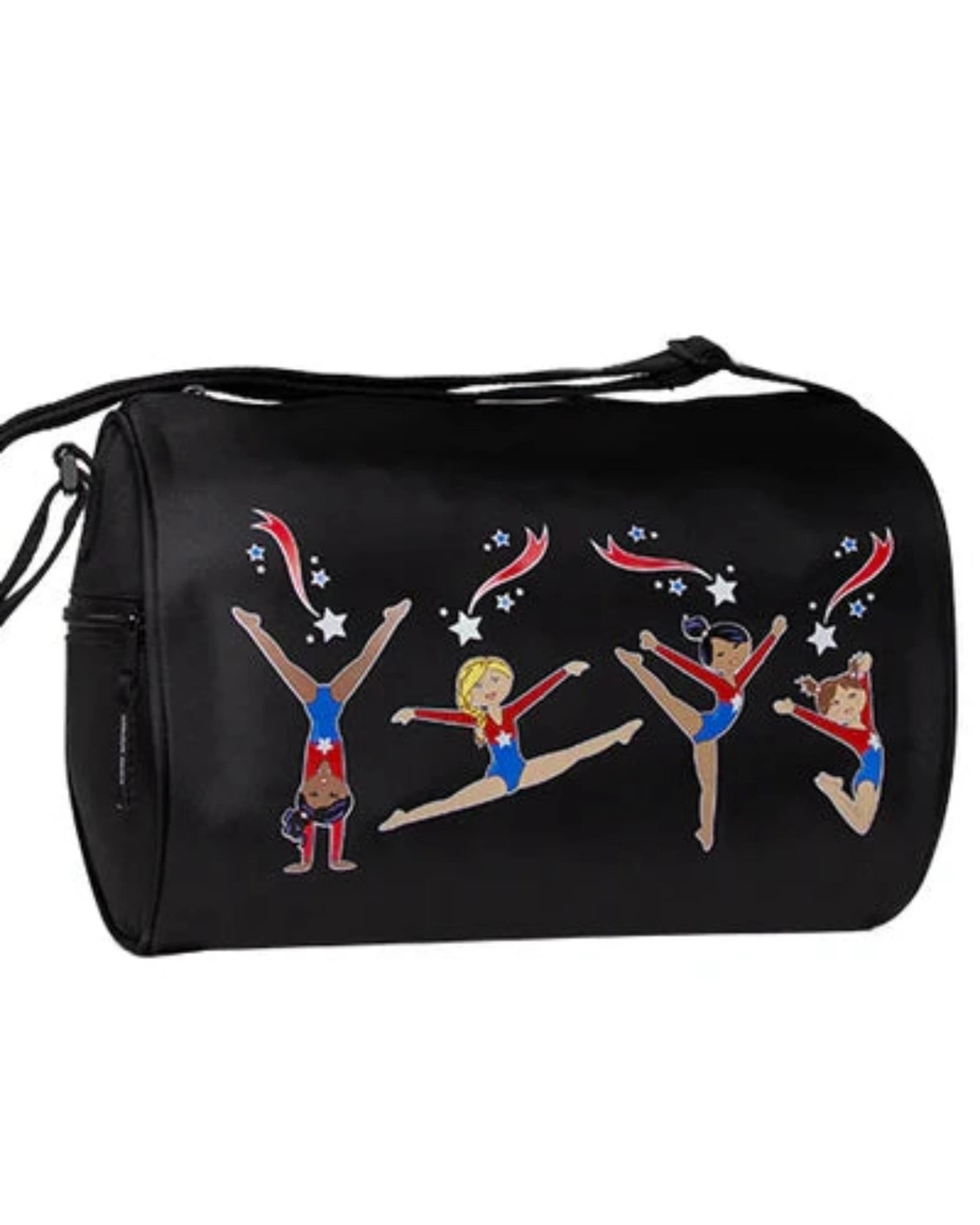 Black duffel bag with gymnast illustrations on a white background