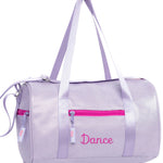 A lavender purple dance bag with a shiny finish, featuring a bright pink zipper, a pink embroidered 'Dance' script on the front, and dual shoulder straps, shown on a plain white background.