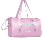 A pink dance bag with a satin-like finish, featuring a front zippered pocket, dual shoulder straps, and the word 'Dance' embroidered in white on the front, set against a plain white background.